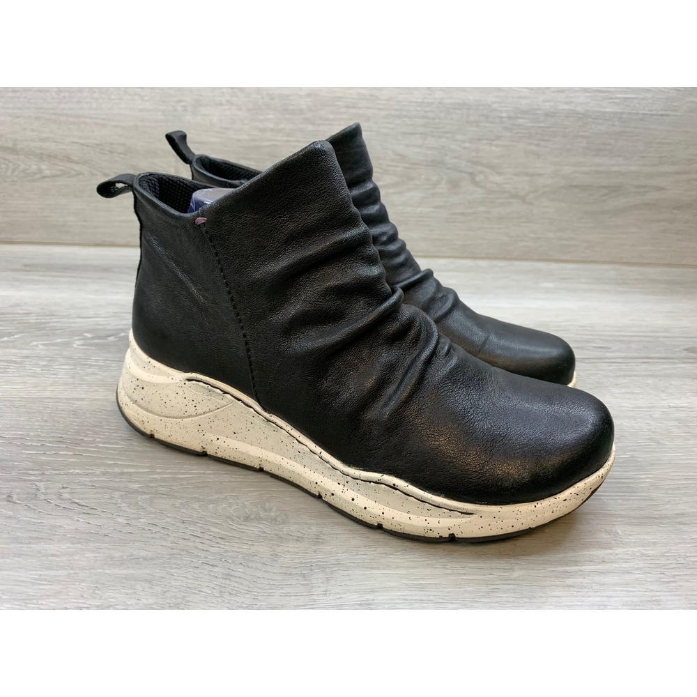 Bionica Women's Black Leather Ruched Ankle Boots Speckled Wedge Ortholite 9.5